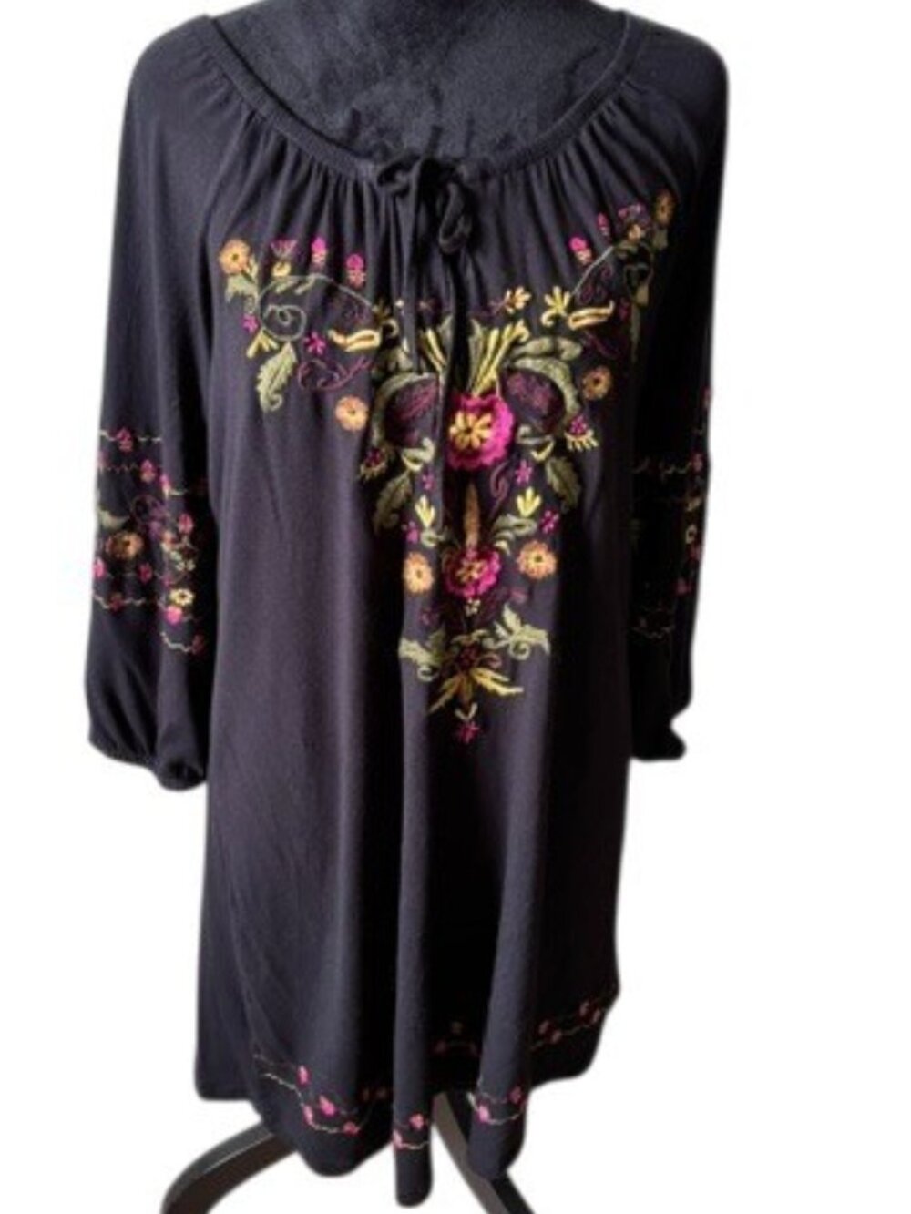 Caite Embroidered Black Jersey 3/4 Puff Sleeve V Neck Peasant Hippie Dress L